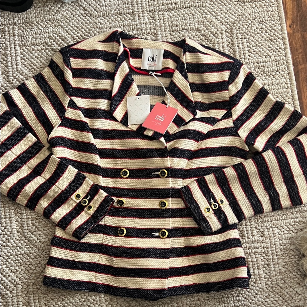CAbi Cream, navy, & Red Striped Double-Breasted Jacket size 6